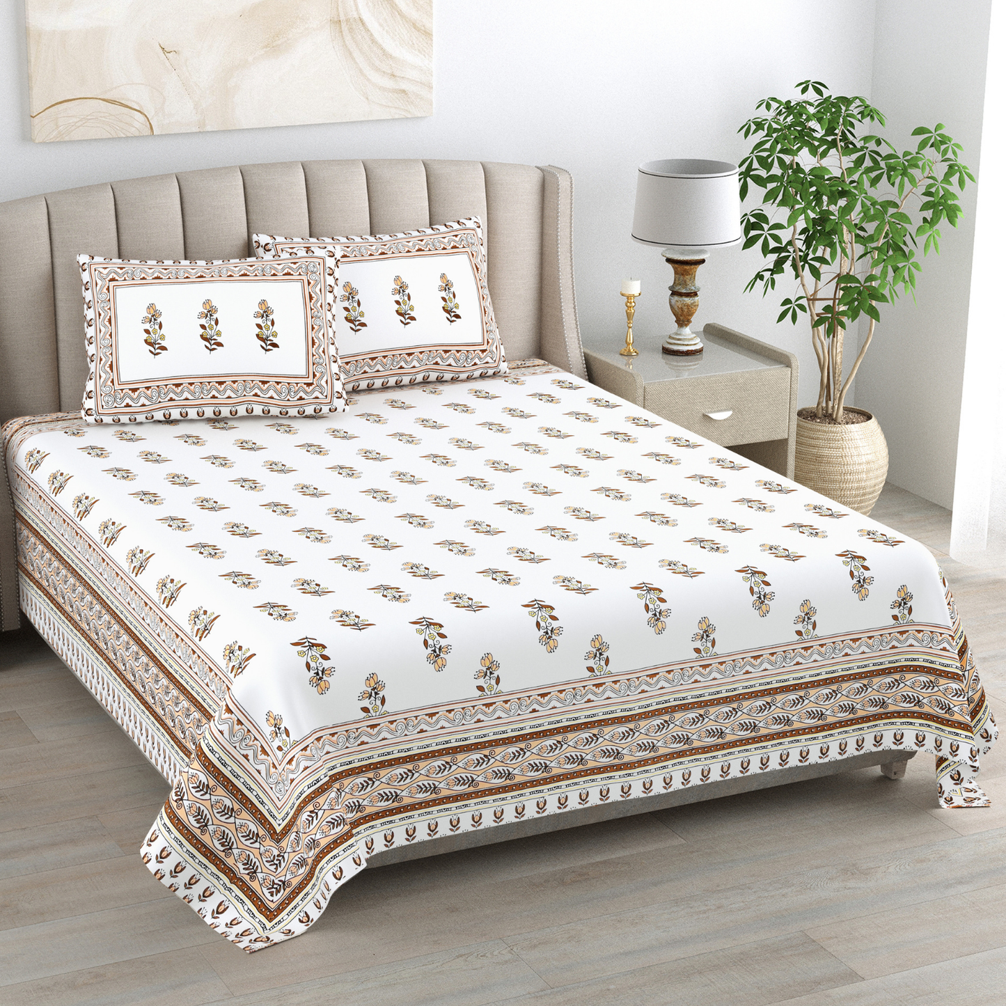 Kalakriti Mogra Mehfil Pure Cotton Double Bedsheet with 2 Pillow Covers