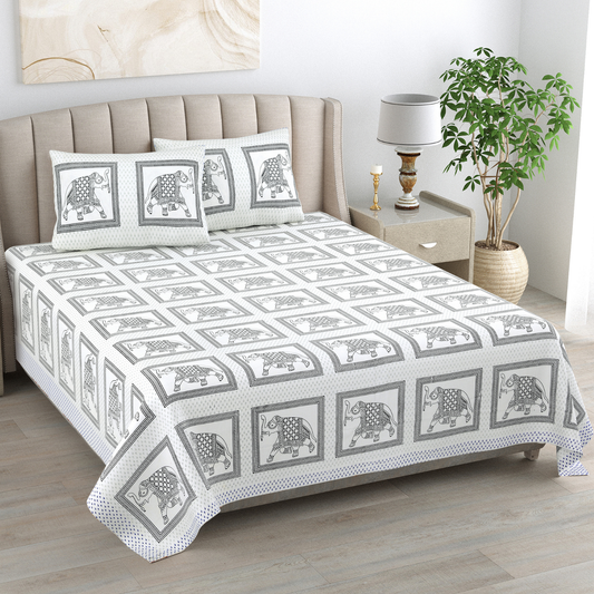 Kalakriti Hathi Darbar Pure Cotton Double Bedsheet with 2 Pillow Covers