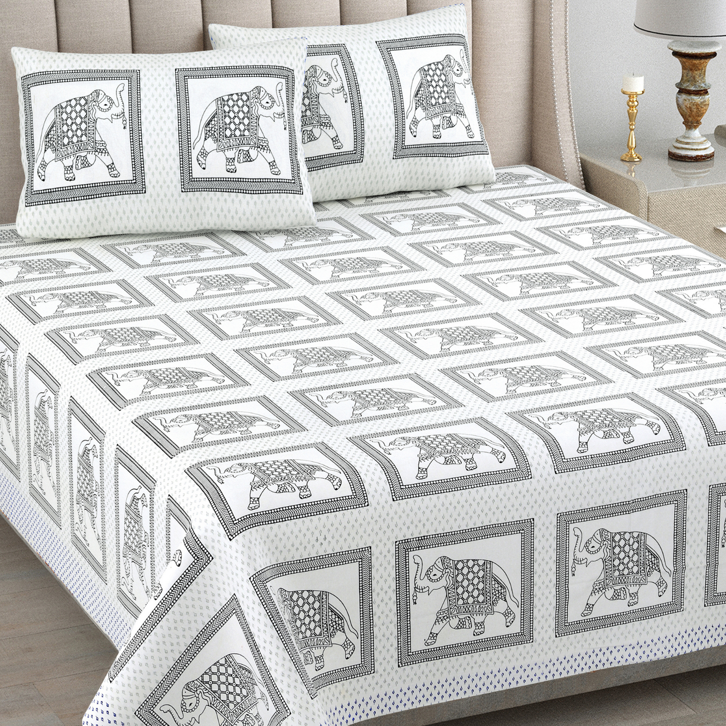 Kalakriti Hathi Darbar Pure Cotton Double Bedsheet with 2 Pillow Covers