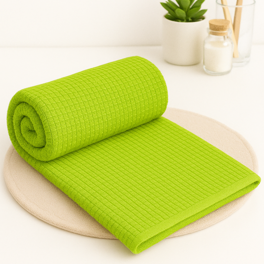 Lime Green - Solid Waffle Cotton Soft Towel Set : 1 Bath Towel and 2 Hand Towels