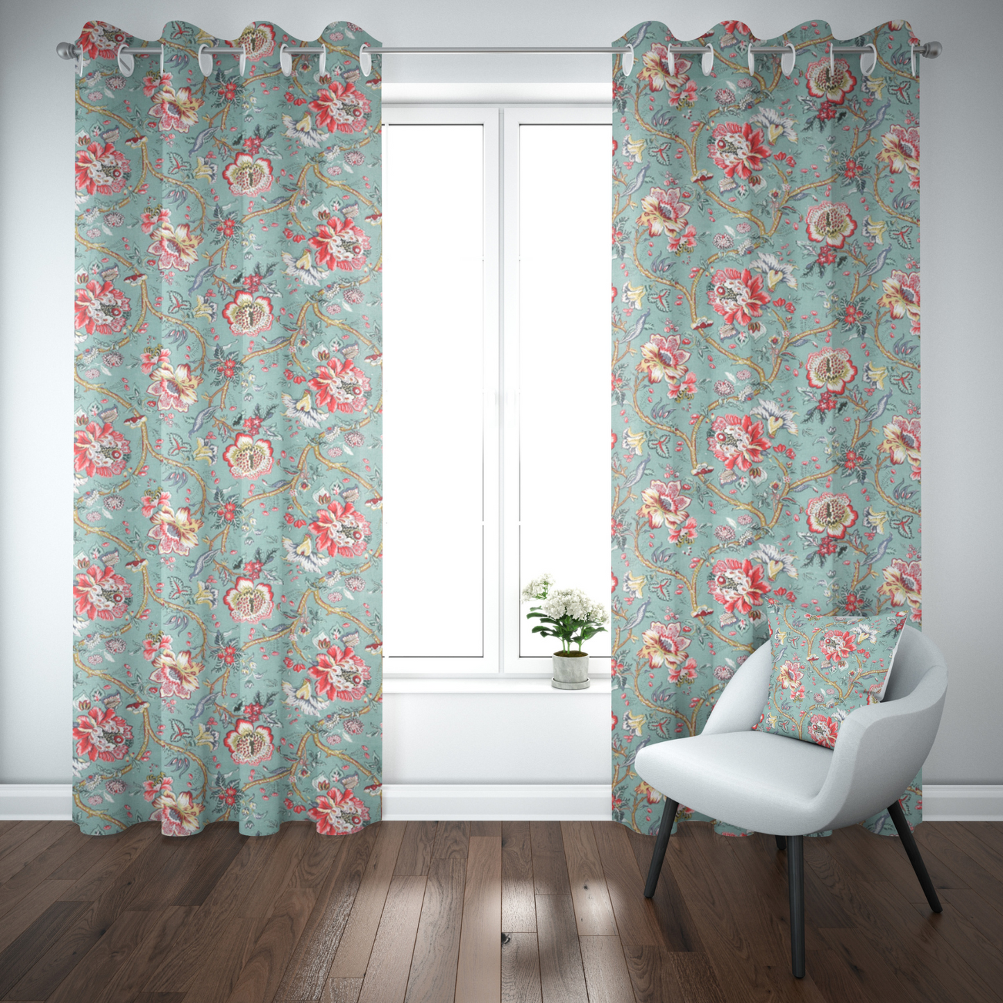 AZURE PETALS ANOKHI HOME WINDOW CURTAIN 9 FEET LONG X 3.75 WIDTH PAIR