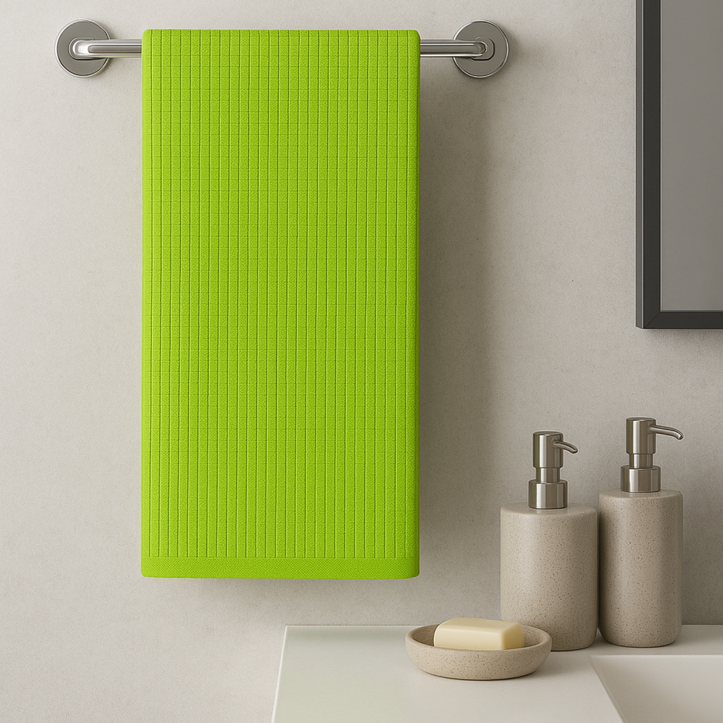 Lime Green - Solid Waffle Cotton Soft Towel Set : 1 Bath Towel and 2 Hand Towels