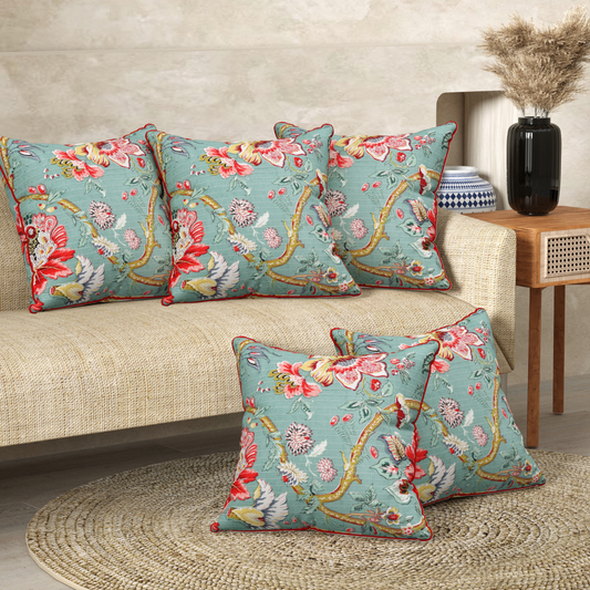 Azure Petals Anokhi Cotton Cushion Covers - 16x16 Inches
