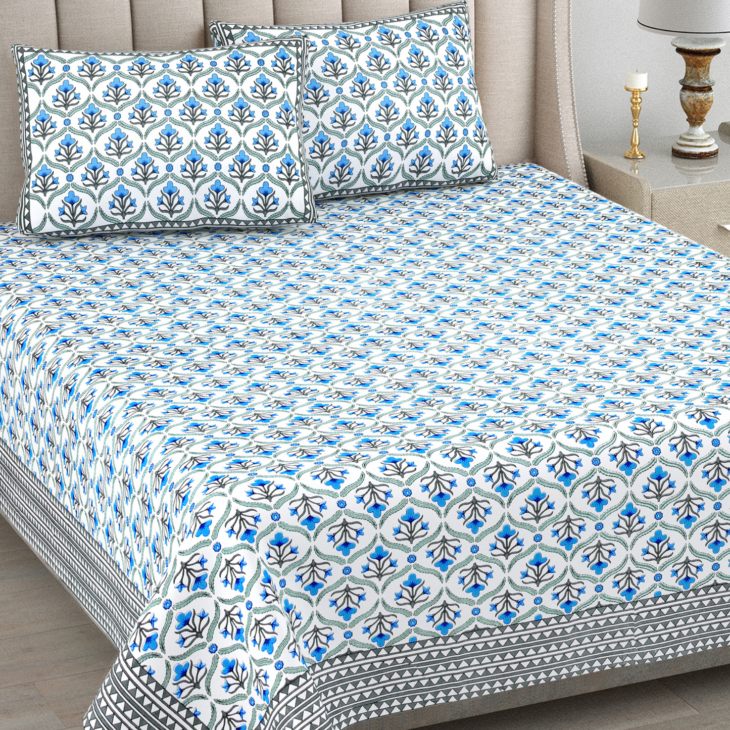 Kalakriti Indigo Charm Pure Cotton Double Bedsheet with 2 Pillow Covers