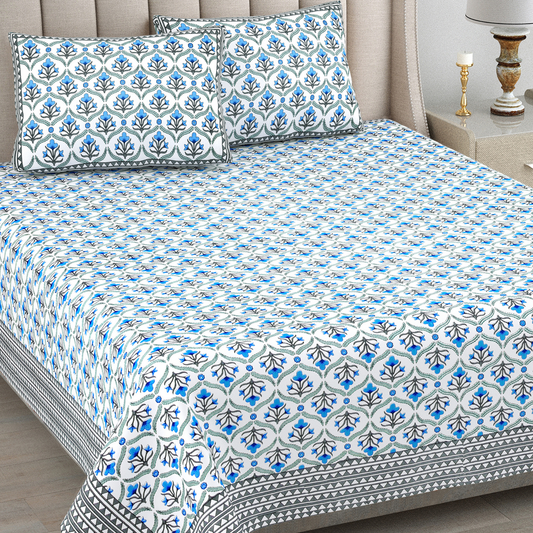 Kalakriti Indigo Charm Pure Cotton Double Bedsheet with 2 Pillow Covers