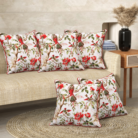 Botanical Birds Anokhi Cotton Cushion Covers - 16x16 Inches