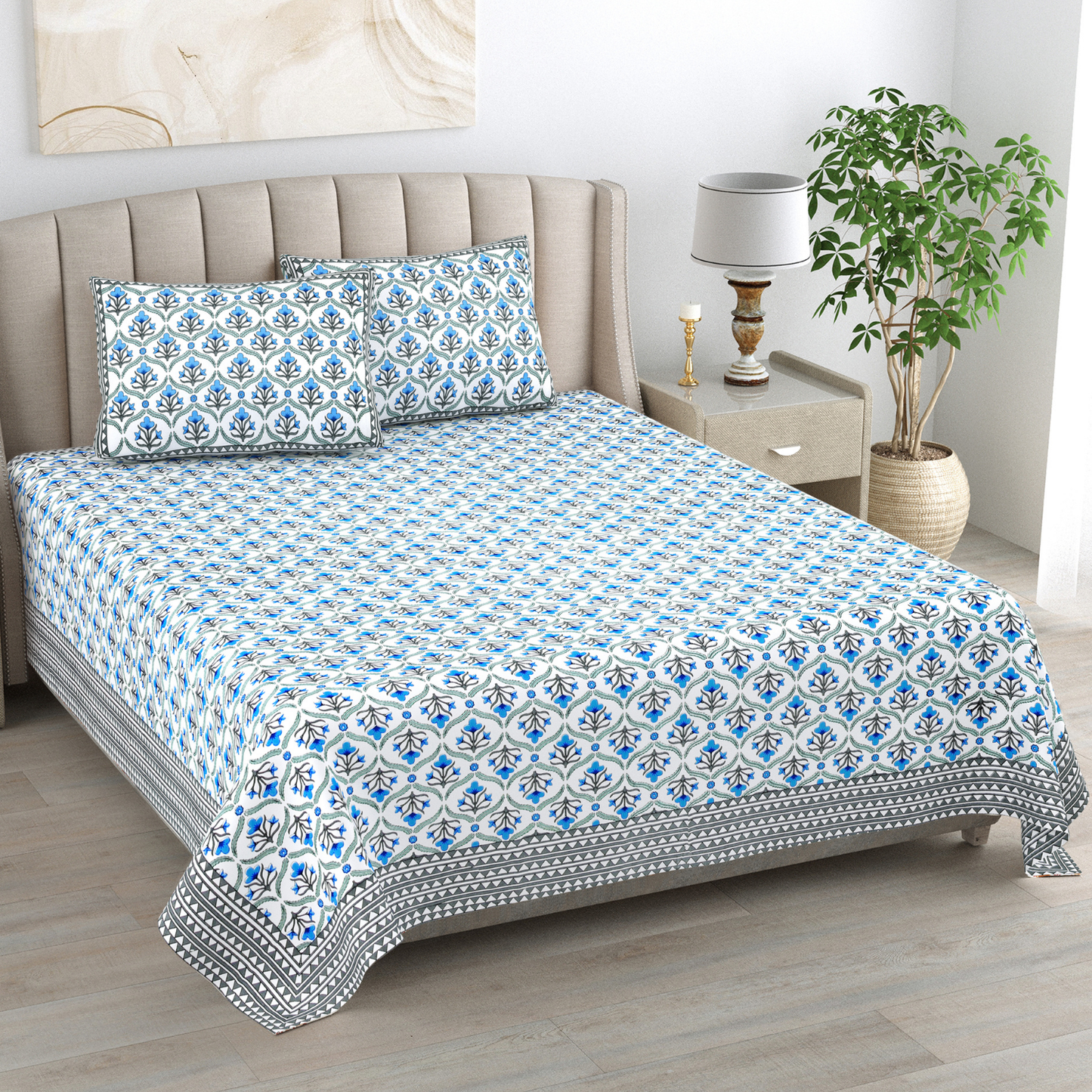 Kalakriti Indigo Charm Pure Cotton Double Bedsheet with 2 Pillow Covers