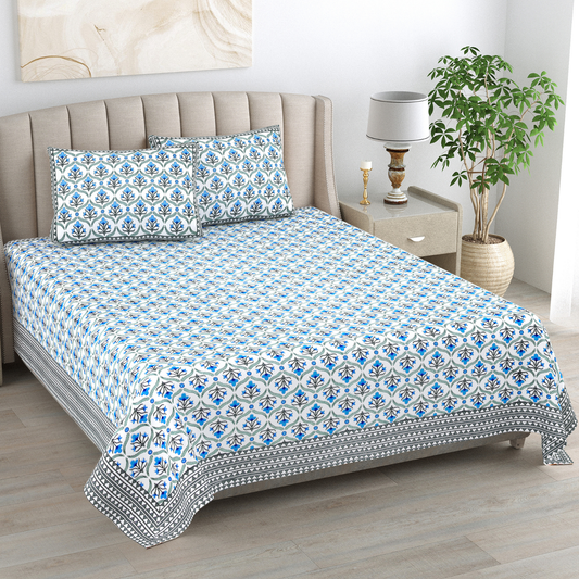 Kalakriti Indigo Charm Pure Cotton Double Bedsheet with 2 Pillow Covers