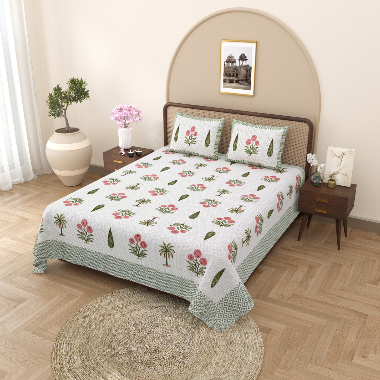 Gulmohar Sunset Botanica Pure Cotton Double Bedsheet with 2 Pillow Covers