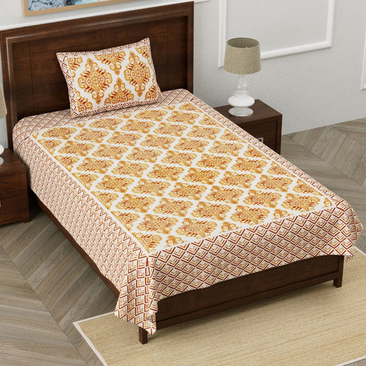 Leafy Medley Sanganeri Single Bedsheet with 1 Pillow Cover Printed Flat Bed Sheet (60" x 90")