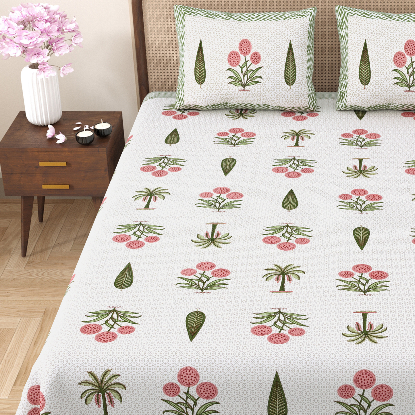 Gulmohar Sunset Botanica Pure Cotton Double Bedsheet with 2 Pillow Covers
