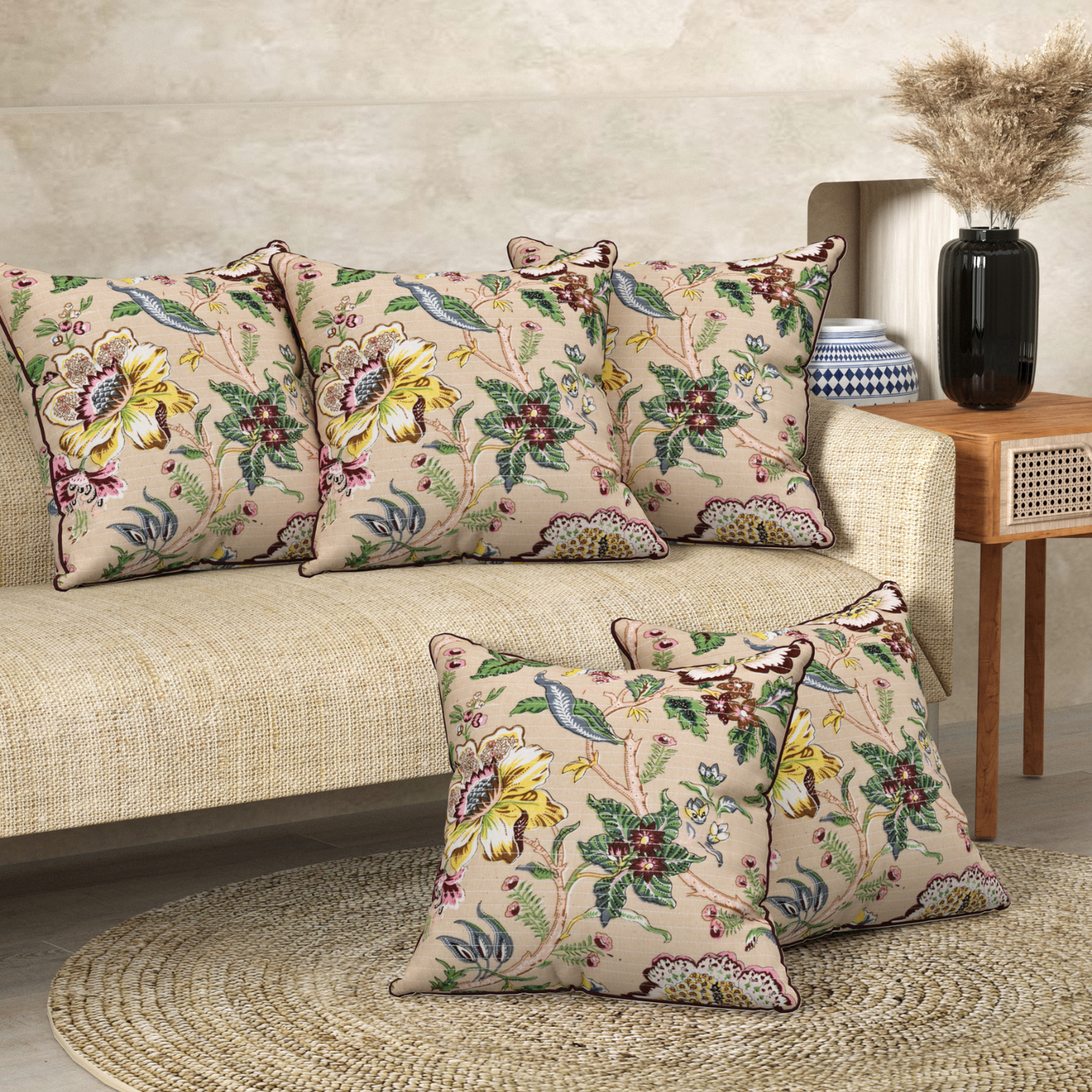 Chirping Florals Anokhi Cotton Cushion Covers - 16x16 Inches