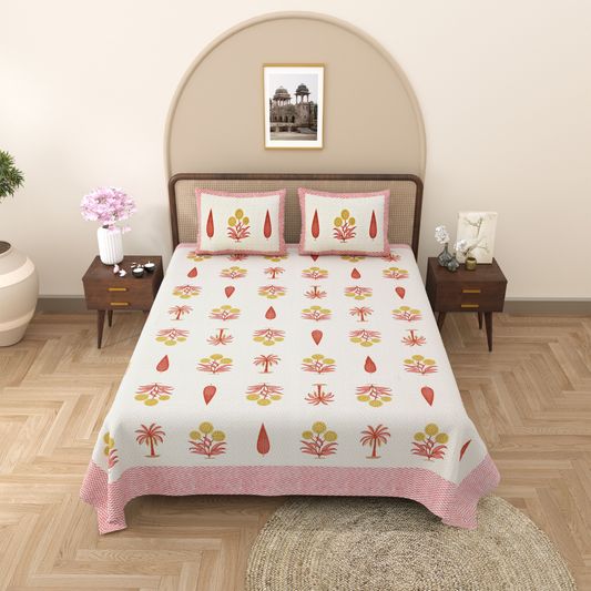 Gulmohar Peach Palms Pure Cotton Double Bedsheet with 2 Pillow Covers