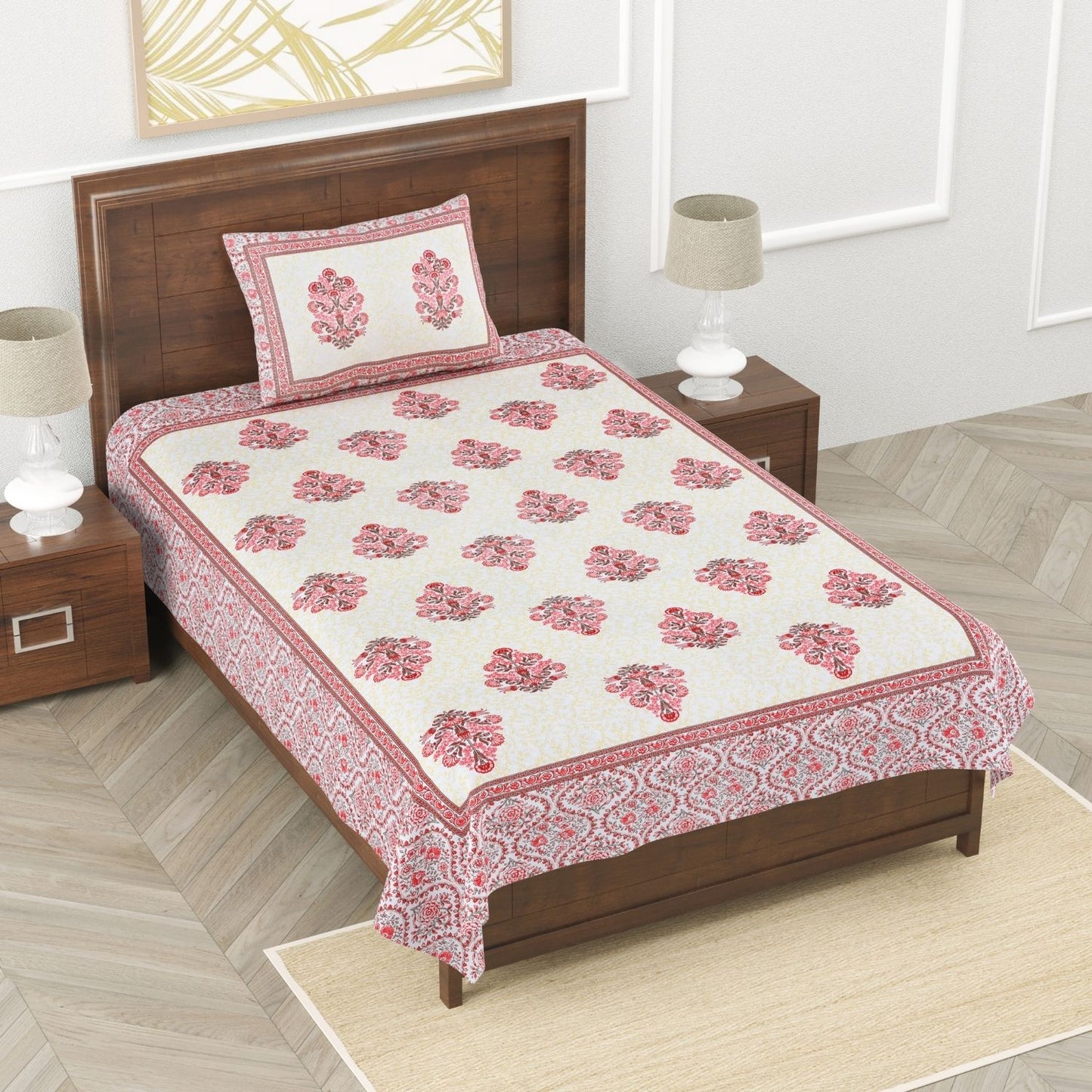 Royal Blossom Sanganeri Single Bedsheet with 1 Pillow Cover Printed Flat Bed Sheet (60" x 90")