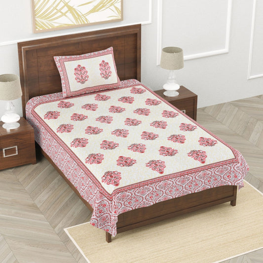 Royal Blossom Sanganeri Single Bedsheet with 1 Pillow Cover Printed Flat Bed Sheet (60" x 90")