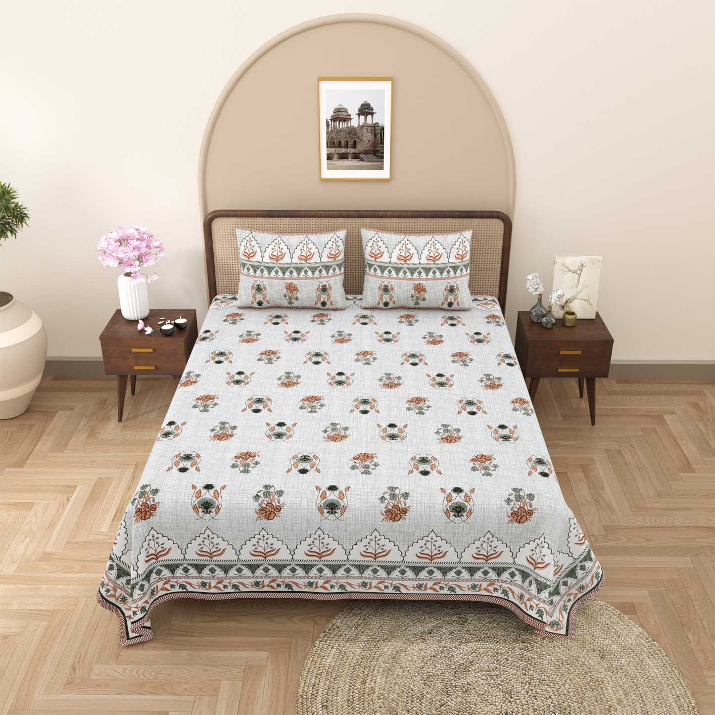 Gulmohar Desert Bloom Pure Cotton Double Bedsheet with 2 Pillow Covers
