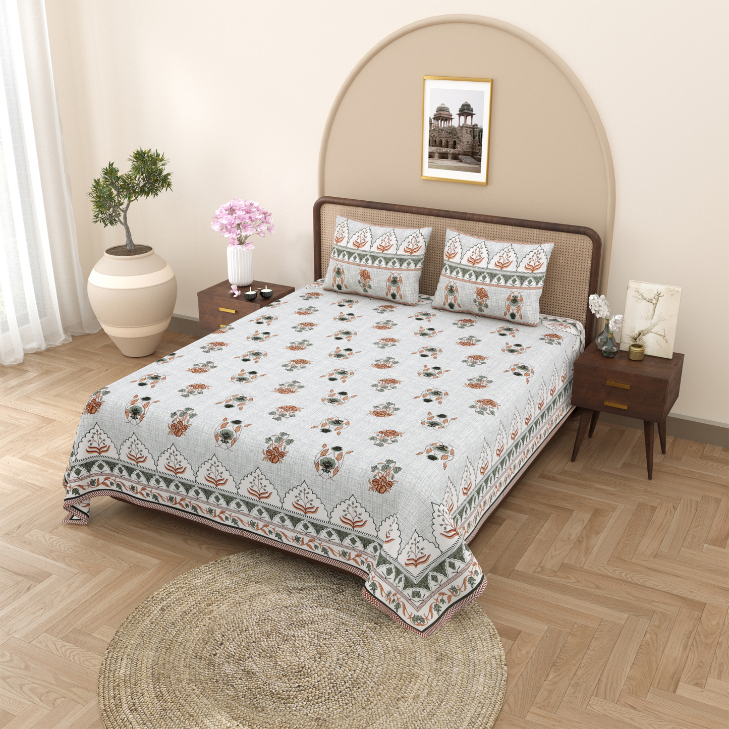 Gulmohar Desert Bloom Pure Cotton Double Bedsheet with 2 Pillow Covers