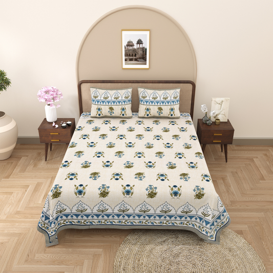 Gulmohar Saffron Meadow Pure Cotton Double Bedsheet with 2 Pillow Covers