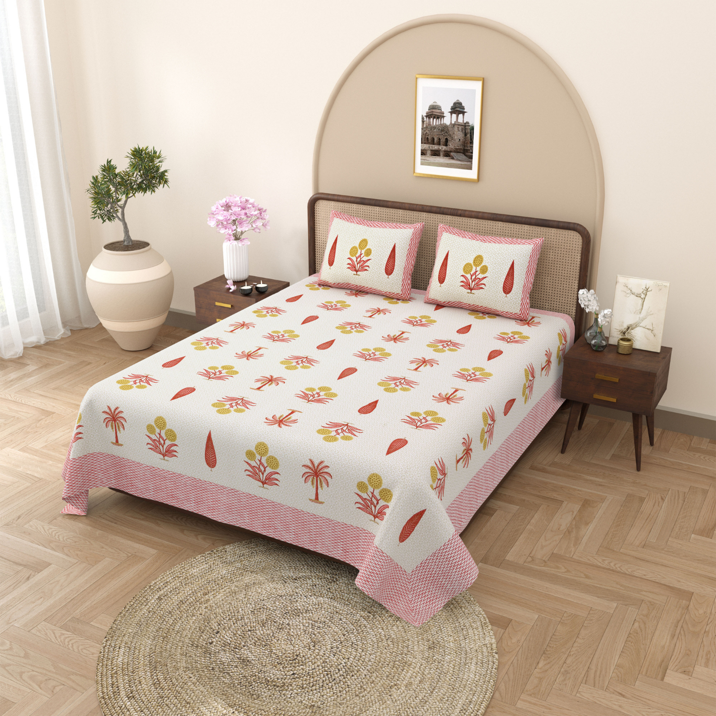 Gulmohar Peach Palms Pure Cotton Double Bedsheet with 2 Pillow Covers