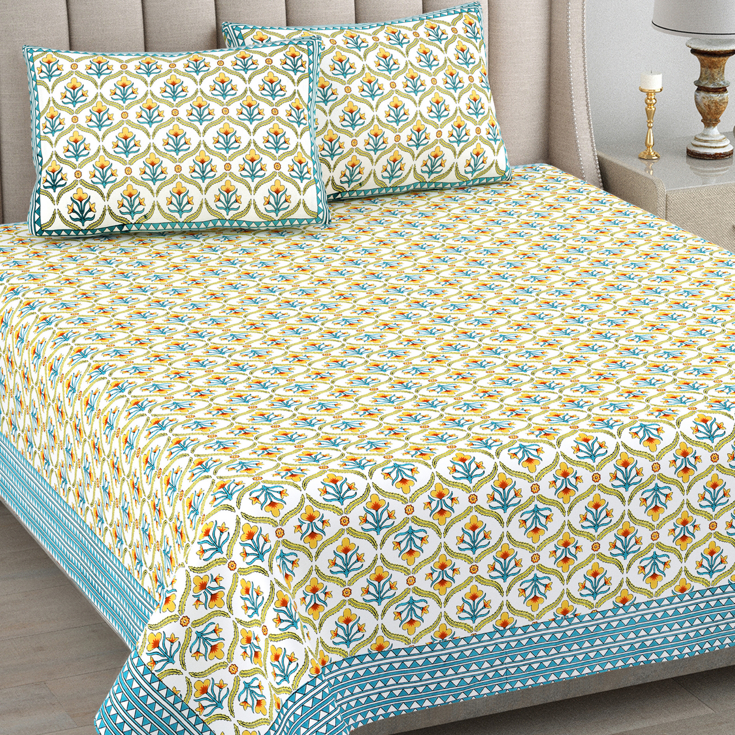 Kalakriti Amber Garden Pure Cotton Double Bedsheet with 2 Pillow Covers