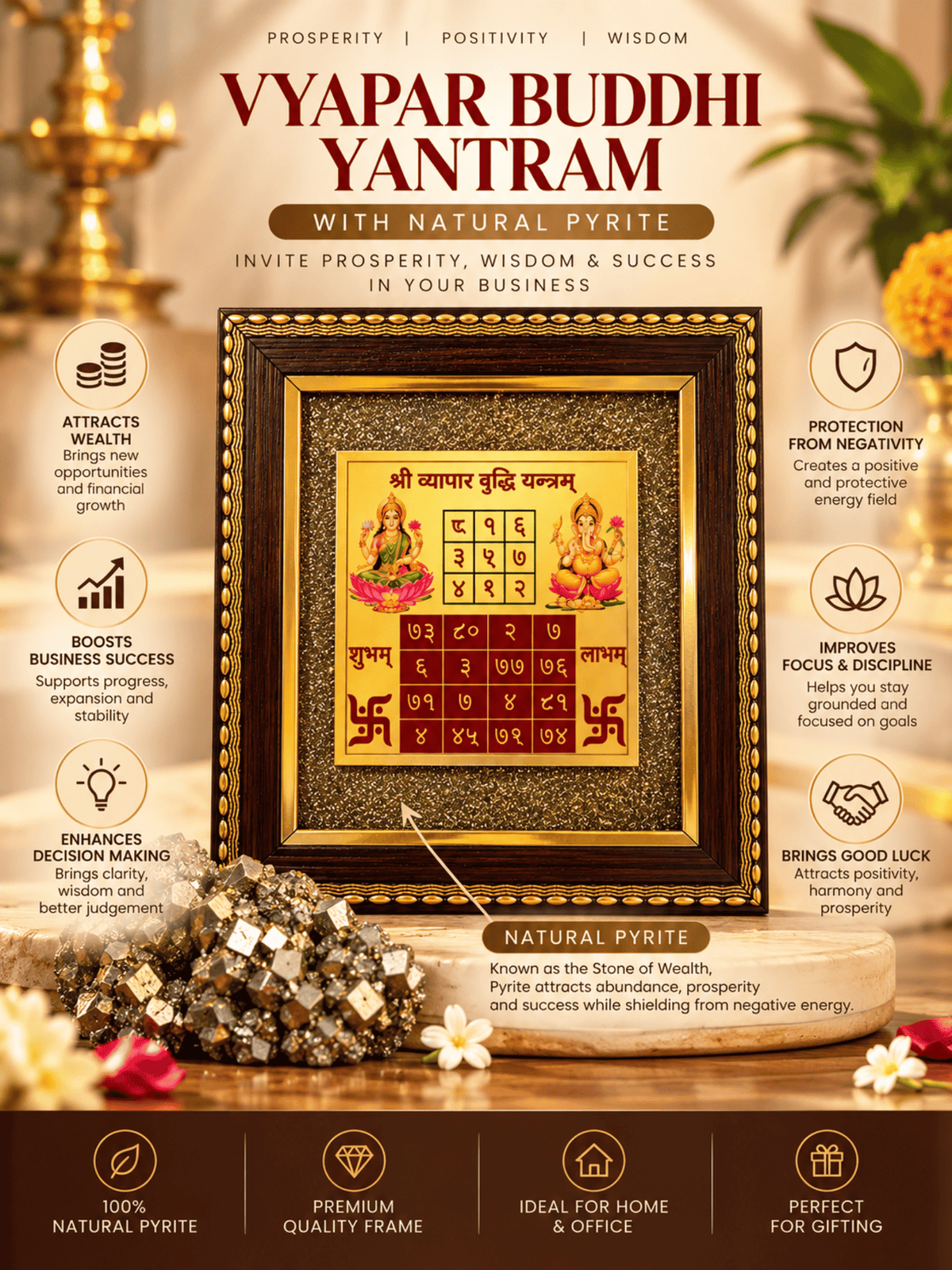 Vyapar Buddhi Yantram Frame with Natural Pyrite
