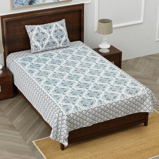Mughal Motif  Sanganeri Single Bedsheet with 1 Pillow Cover Printed Flat Bed Sheet (60" x 90")