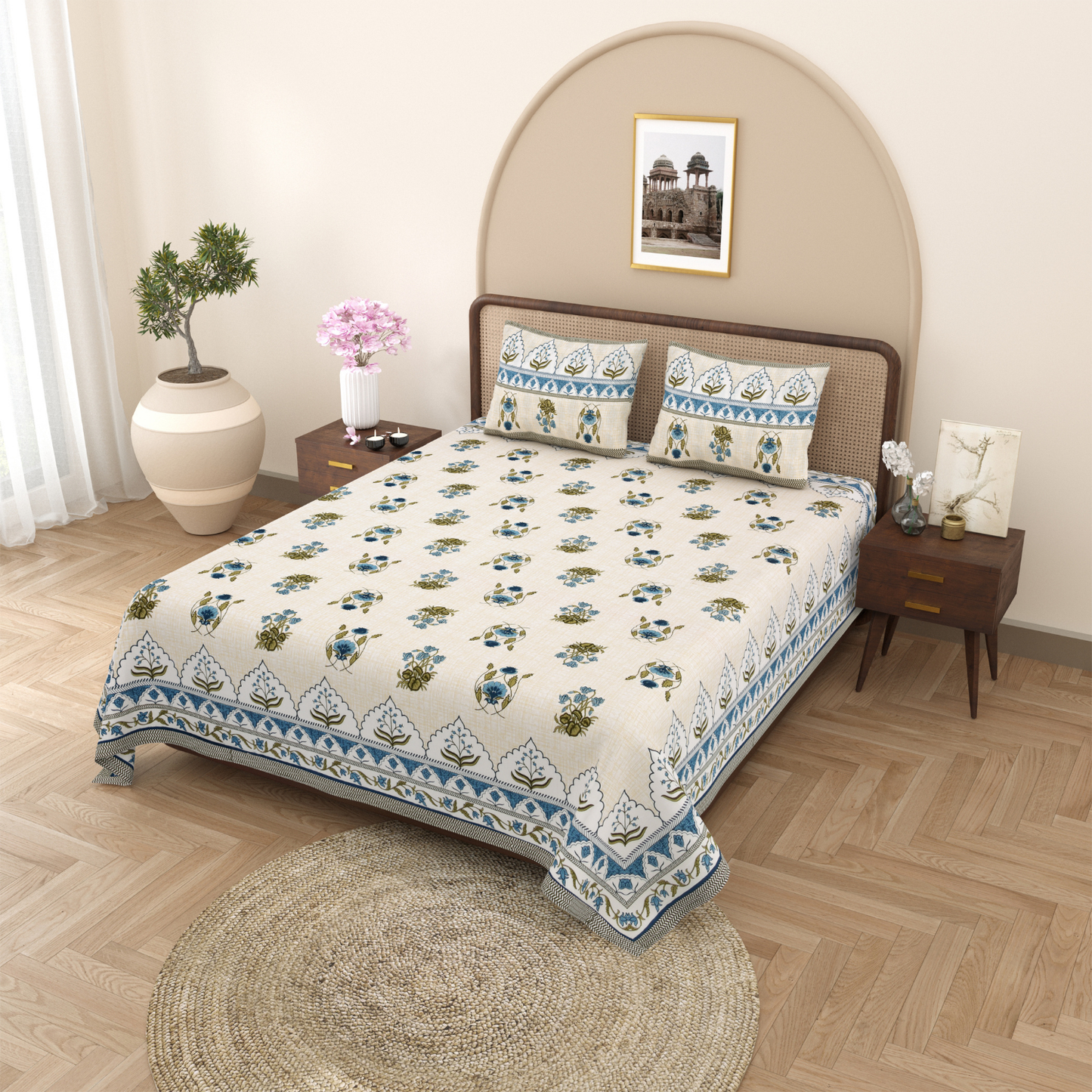 Gulmohar Saffron Meadow Pure Cotton Double Bedsheet with 2 Pillow Covers