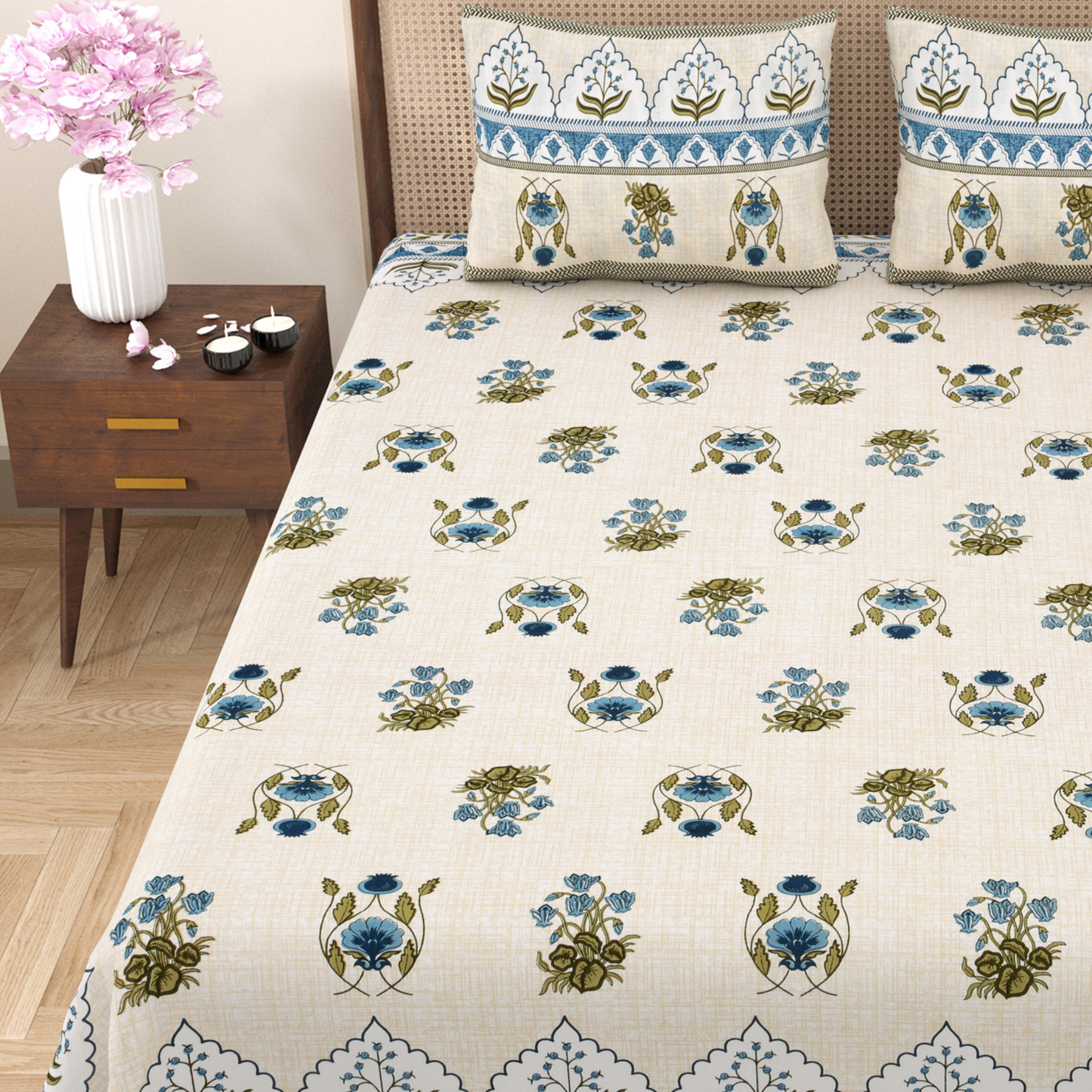 Gulmohar Saffron Meadow Pure Cotton Double Bedsheet with 2 Pillow Covers