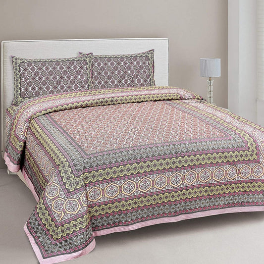 Peach & Petals – Ethnic Jaipuri Printed Bedsheet Set with Pillow Covers