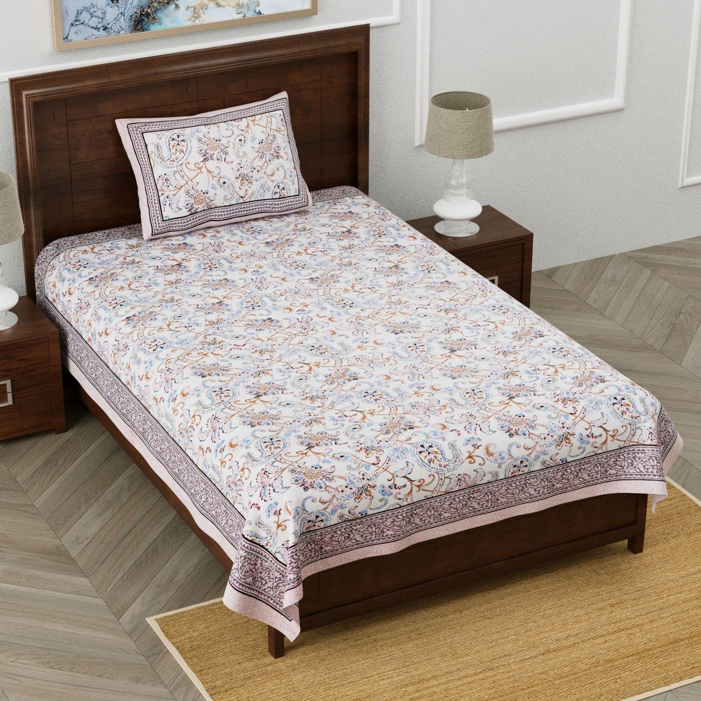 Timeless Traditions Sanganeri Single Bedsheet with 1 Pillow Cover Printed Flat Bed Sheet (60" x 90")