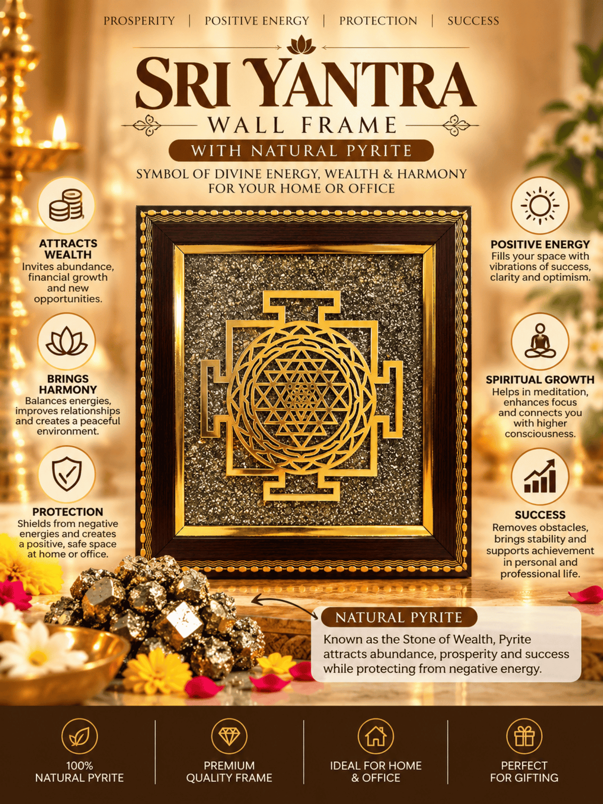 Sri Yantra Frame with Natural Pyrite