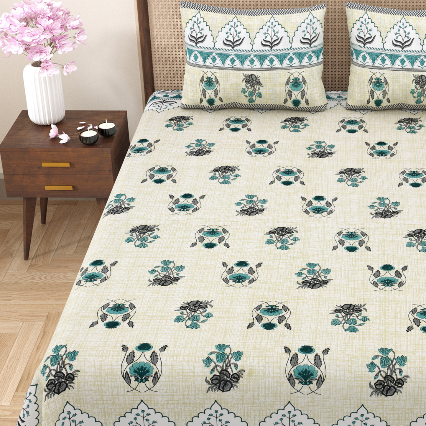 Gulmohar Spice Garden Pure Cotton Double Bedsheet with 2 Pillow Covers