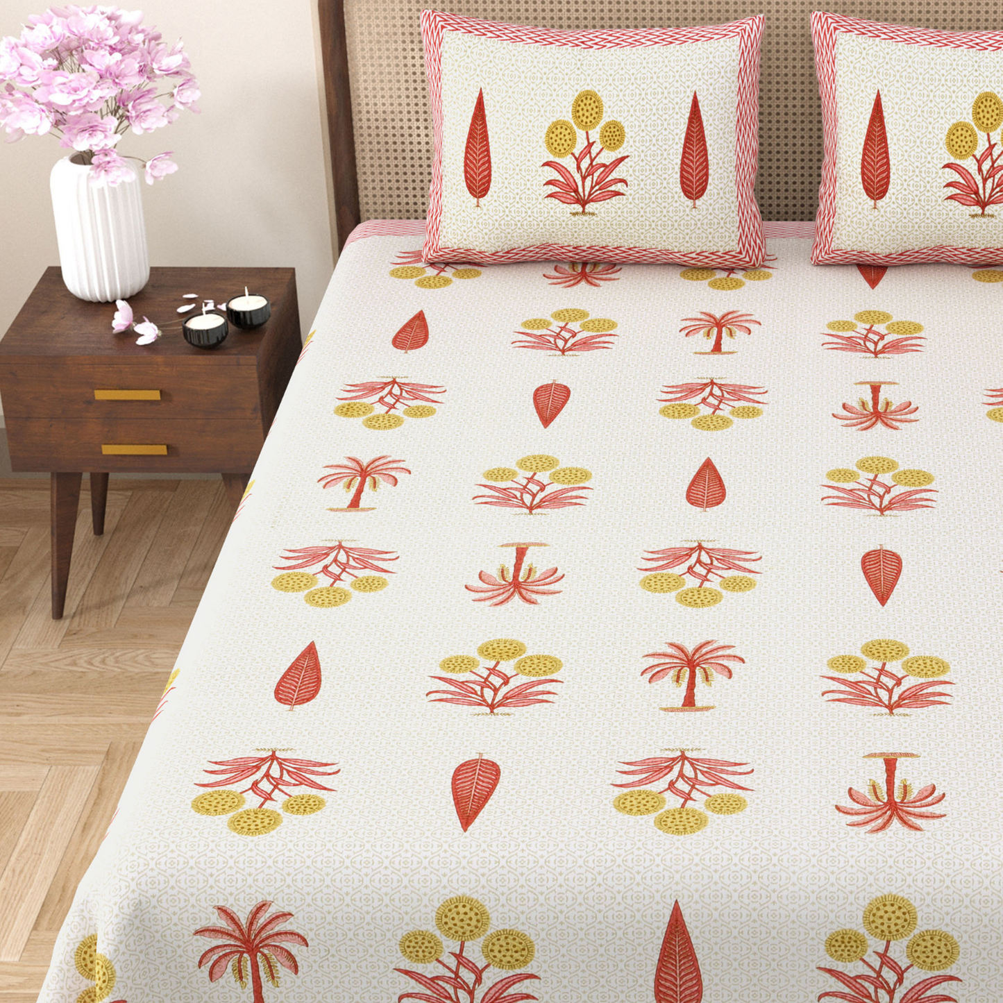 Gulmohar Peach Palms Pure Cotton Double Bedsheet with 2 Pillow Covers