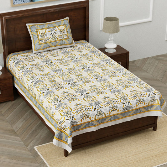 Vintage Vines Sanganeri Single Bedsheet with 1 Pillow Cover Printed Flat Bed Sheet (60" x 90")