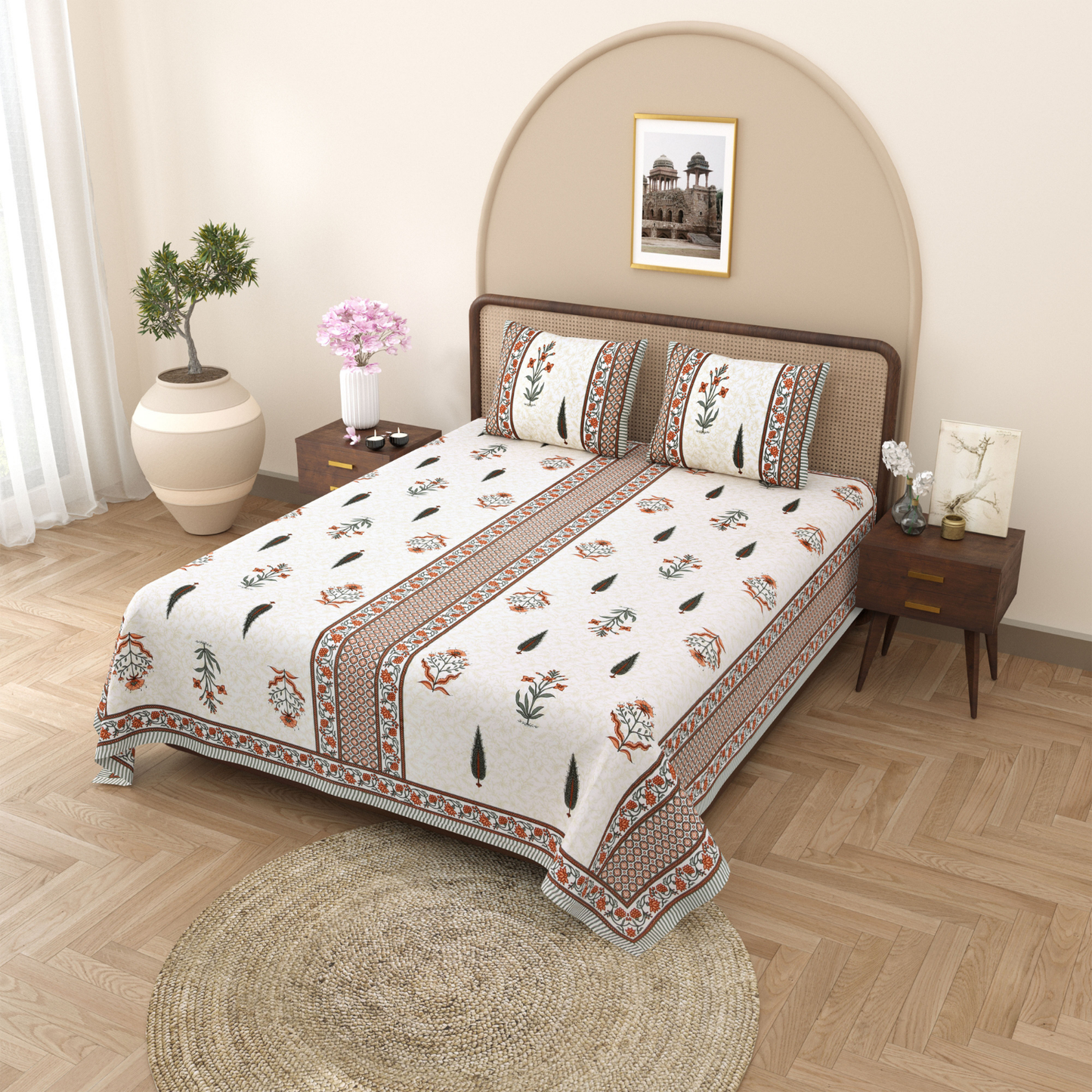 Gulmohar Blush Botanics Pure Cotton Double Bedsheet with 2 Pillow Covers