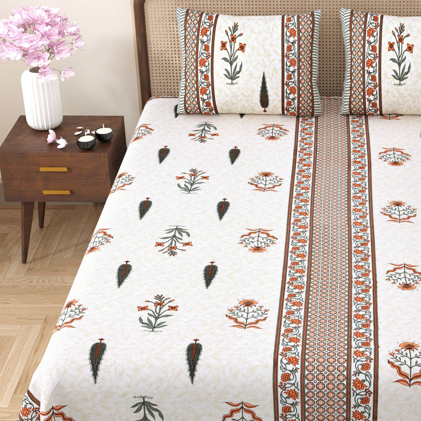 Gulmohar Blush Botanics Pure Cotton Double Bedsheet with 2 Pillow Covers