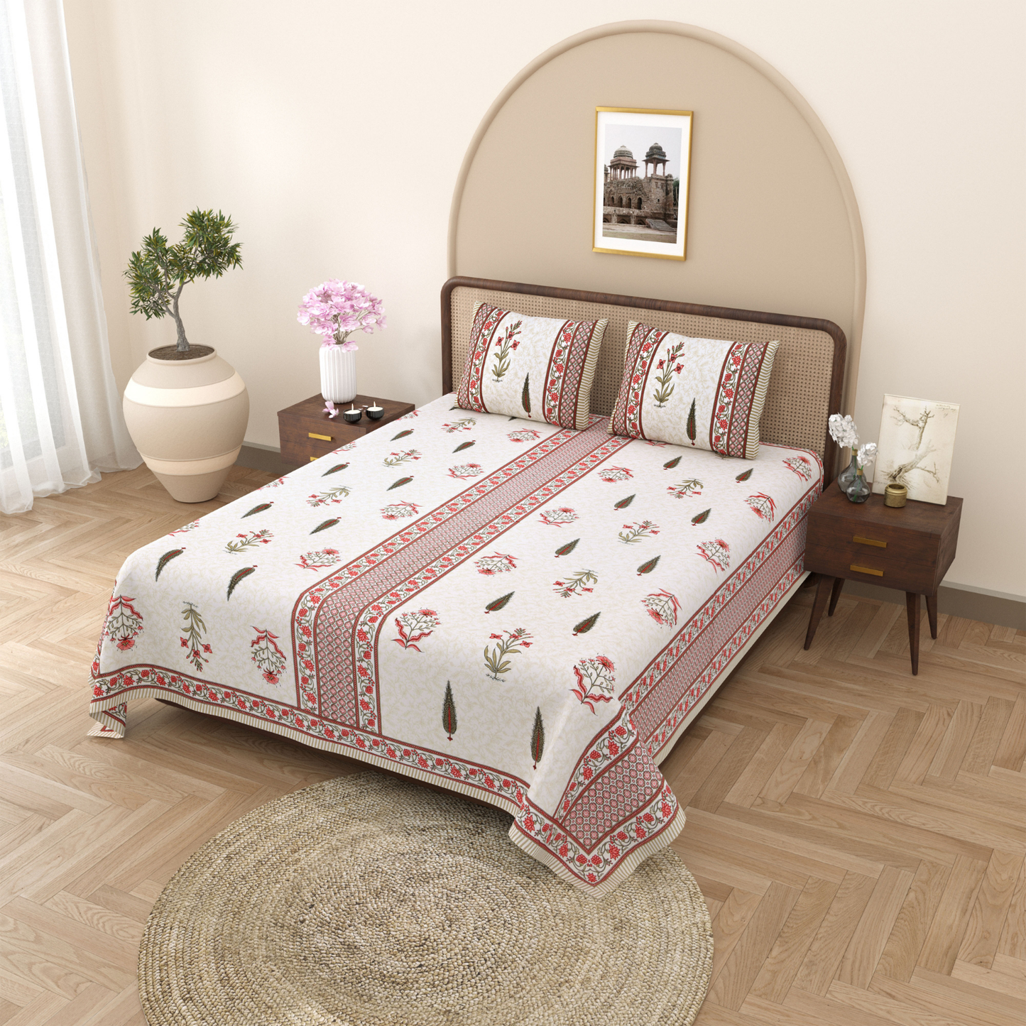 Gulmohar Madhubani Mist Pure Cotton Double Bedsheet with 2 Pillow Covers