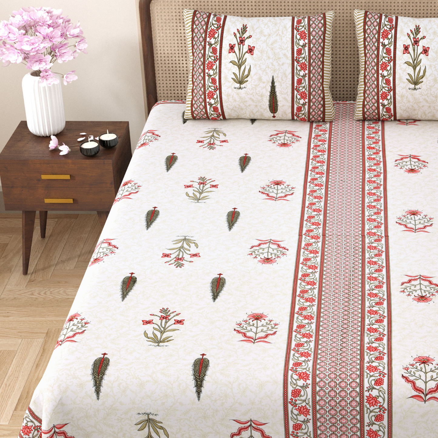 Gulmohar Madhubani Mist Pure Cotton Double Bedsheet with 2 Pillow Covers