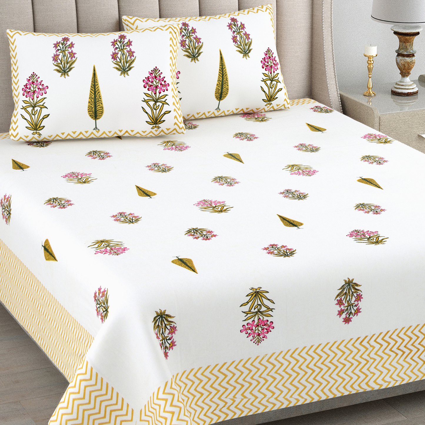 Kalakriti Mustard Mirage Pure Cotton Double Bedsheet with 2 Pillow Covers