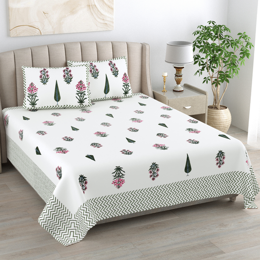 Kalakriti Monsoon Botanica Pure Cotton Double Bedsheet with 2 Pillow Covers