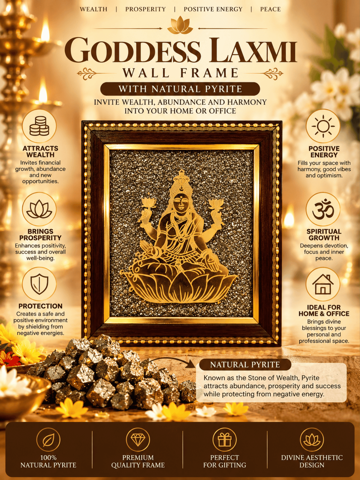 Goddess Laxmi Frame with Natural Pyrite