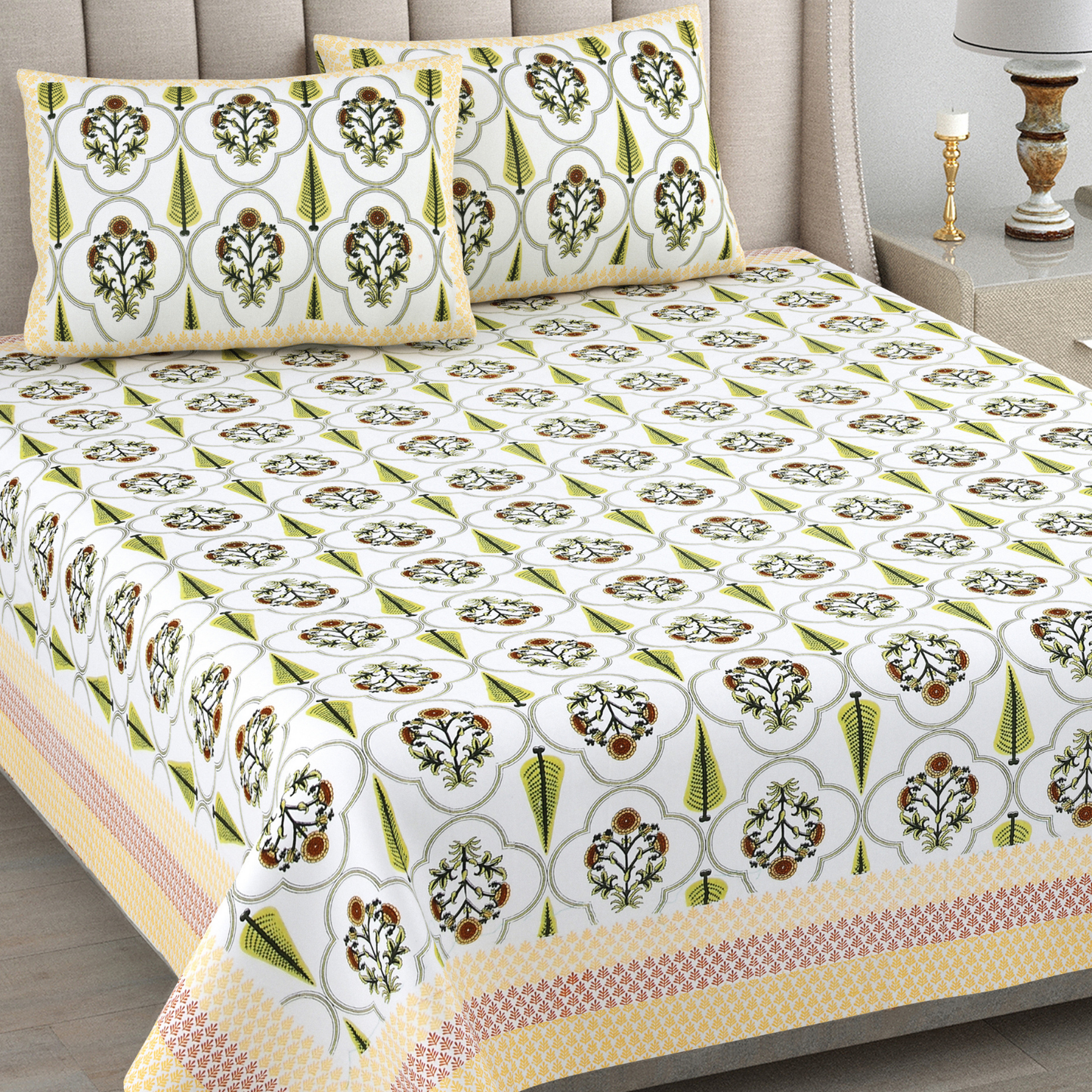 Kalakriti Lemon Laurel Pure Cotton Double Bedsheet with 2 Pillow Covers