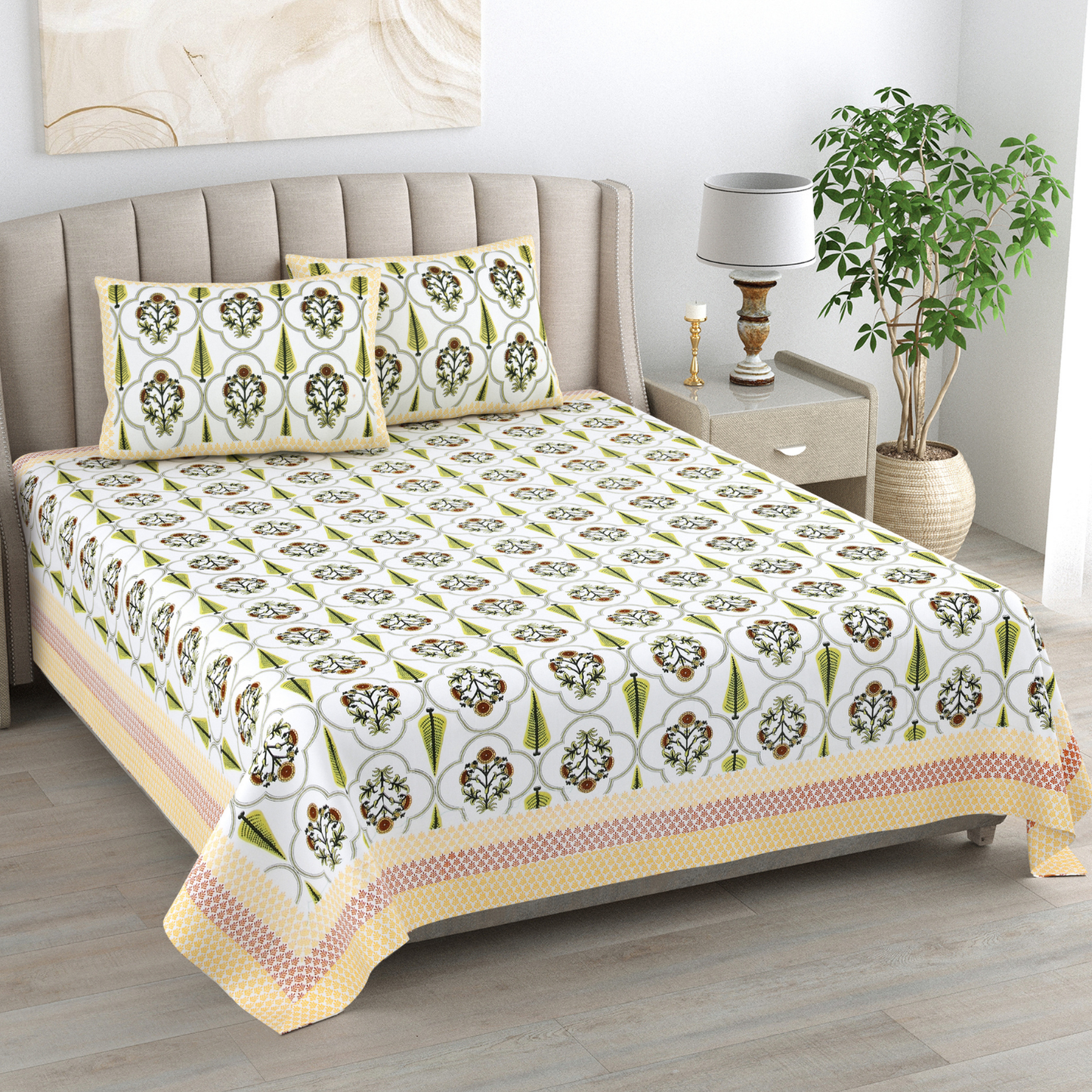Kalakriti Lemon Laurel Pure Cotton Double Bedsheet with 2 Pillow Covers