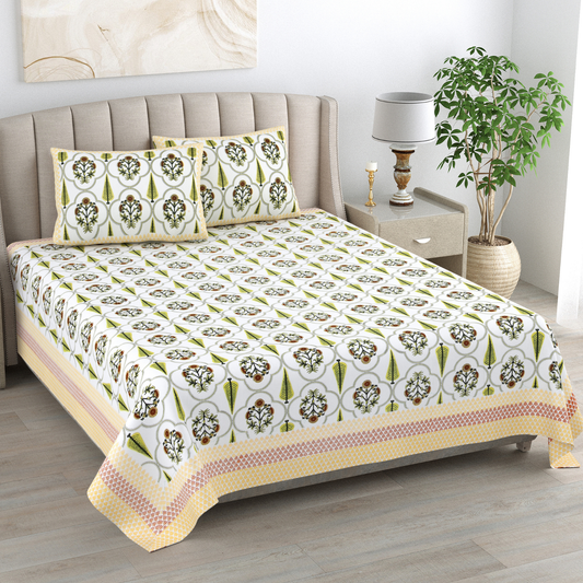 Kalakriti Lemon Laurel Pure Cotton Double Bedsheet with 2 Pillow Covers