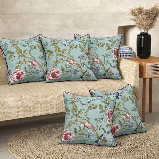 Teal Phoolvalli Anokhi Cotton Cushion Covers - 16x16 Inches