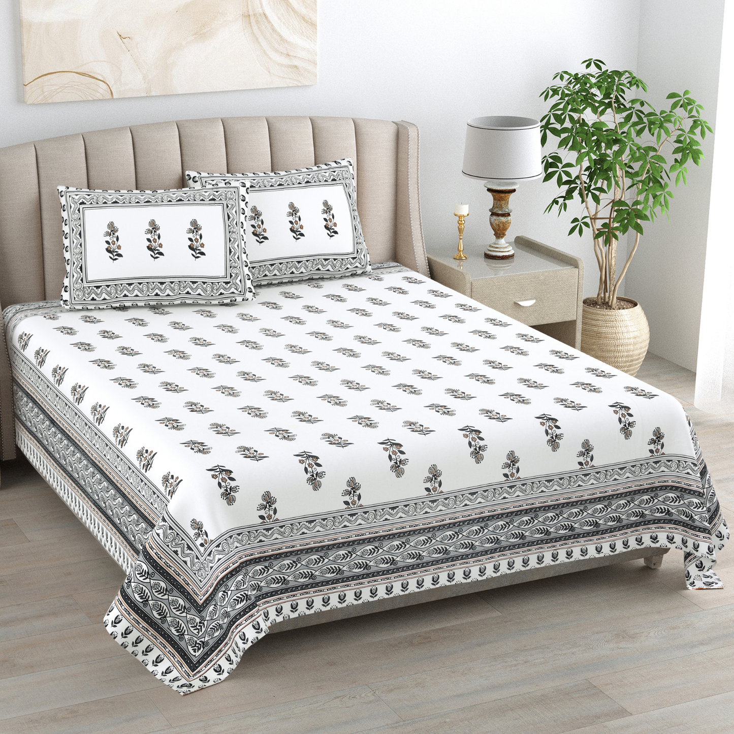 Kalakriti Phoolwari Blush Pure Cotton Double Bedsheet with 2 Pillow Covers