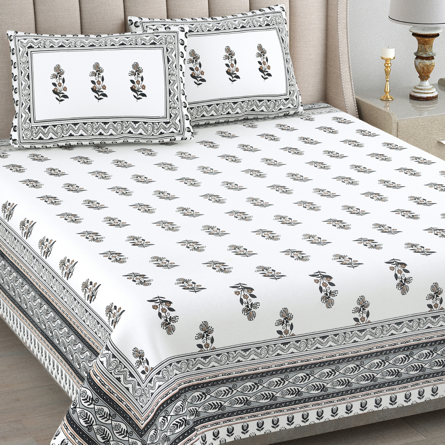Kalakriti Phoolwari Blush Pure Cotton Double Bedsheet with 2 Pillow Covers