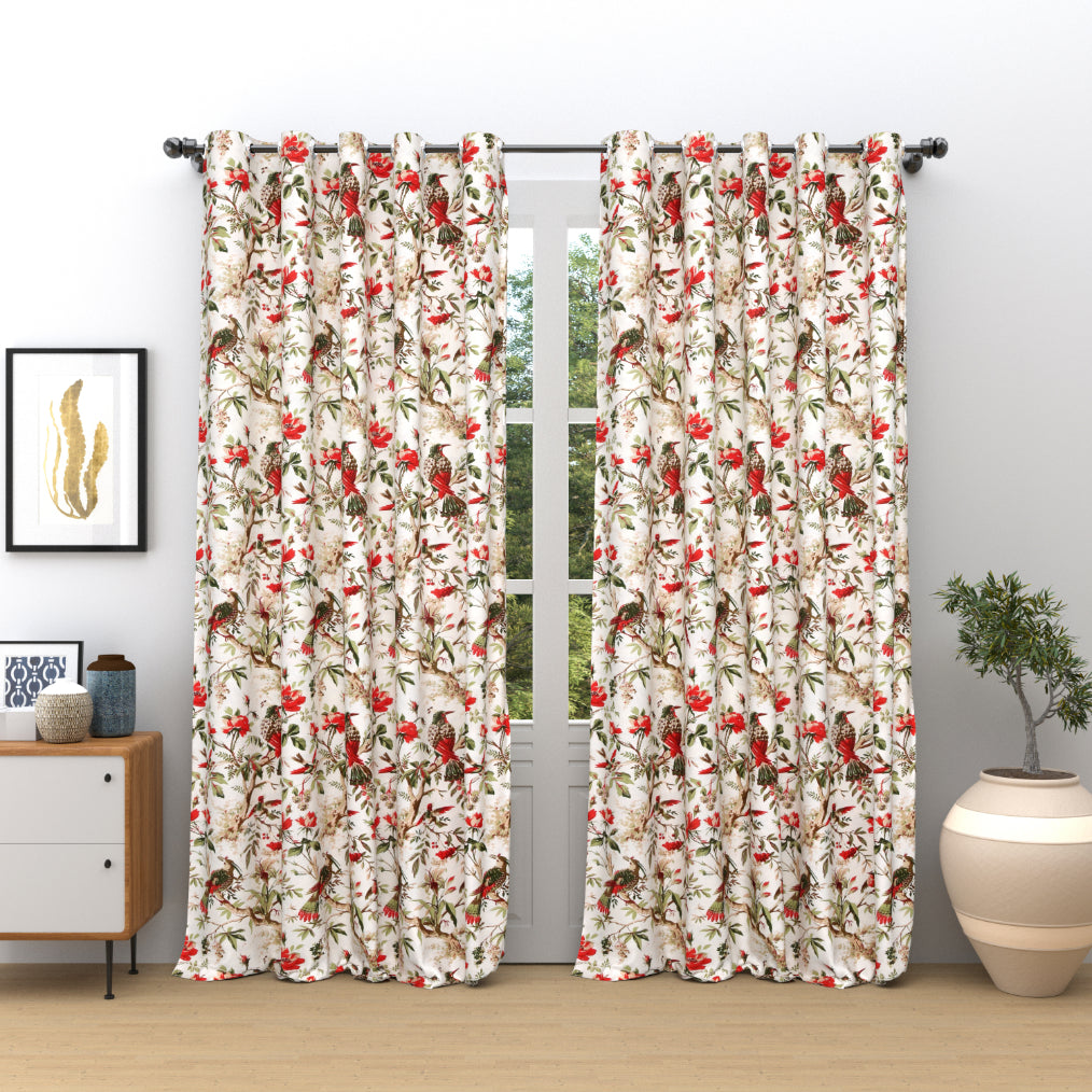 BOTANICAL BIRDS ANOKHI HOME WINDOW CURTAIN 9 FEET LONG X 3.75 WIDTH PAIR