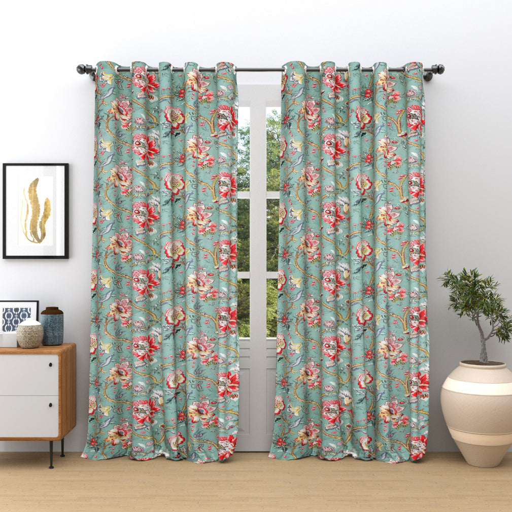 AZURE PETALS ANOKHI HOME WINDOW CURTAIN 9 FEET LONG X 3.75 WIDTH PAIR