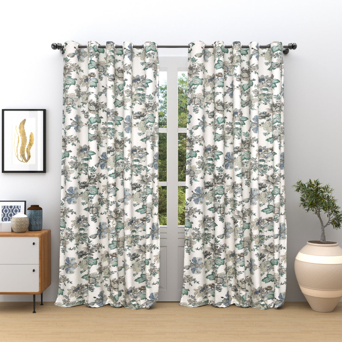 ICY BLOOM ANOKHI HOME WINDOW CURTAIN 9 FEET LONG X 3.75 WIDTH PAIR